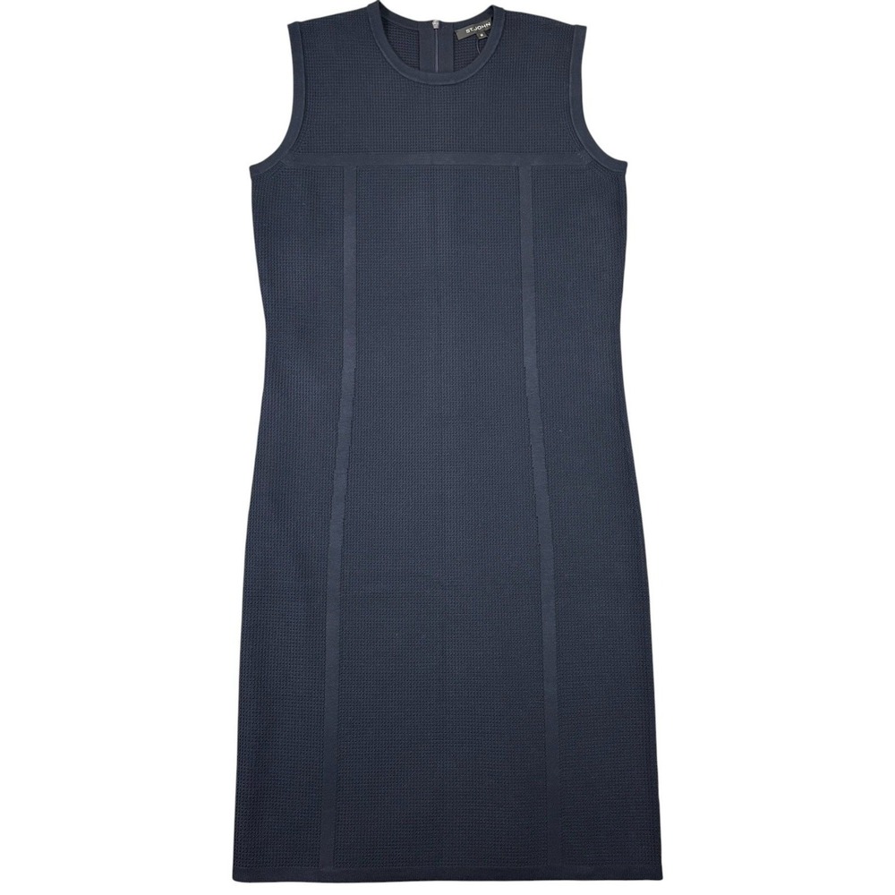 St John Pique Knit Knee Length Dress Womens L Navy Blue Sleeveless Luxury NWT - Picture 2 of 12